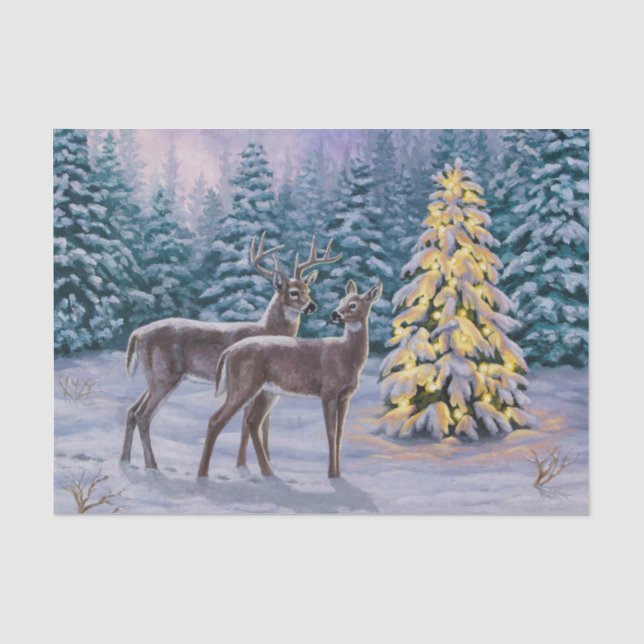 Papier Mousseline Whitetail Deer & Christmas Tree Scene hivernale (Recto)