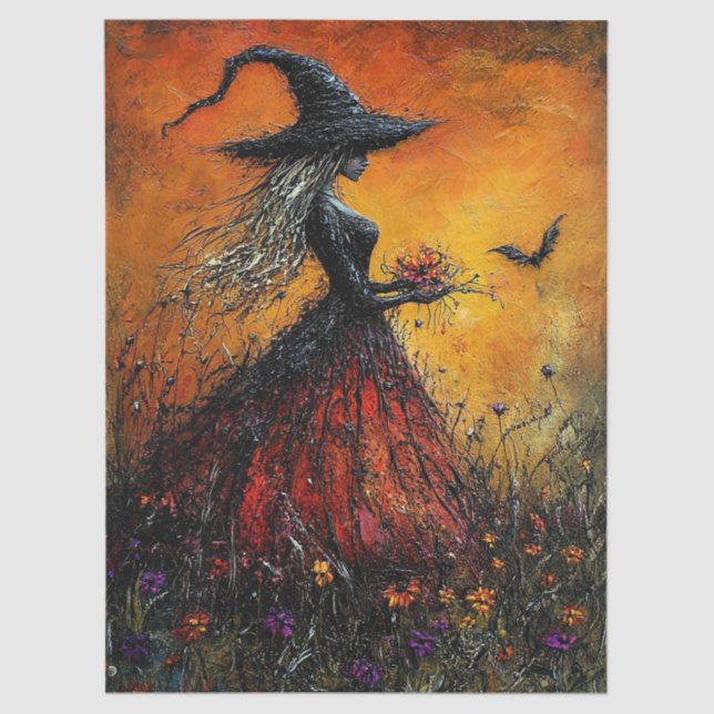 Papier Mousseline Wicked Witch in Red with Her Bat Decoupage (Recto)