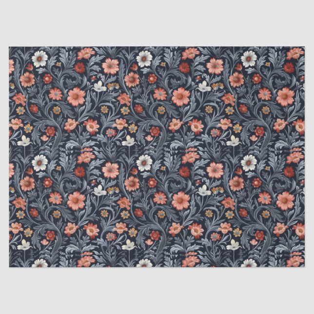 Papier Mousseline William Morris d'inspiration bleu marine rose pâle (Recto)