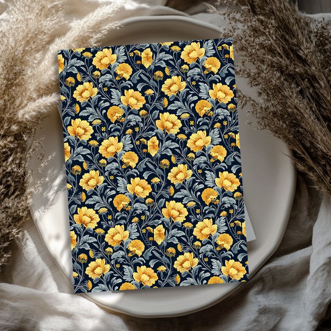Papier Mousseline William Morris inspiré fleurs jaunes bleu marine (William Morris inspired yellow flowers navy blue Tissue Paper)