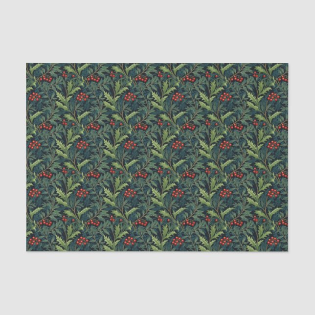 Papier Mousseline William Morris Inspiré Red Holly Berry Noël (Recto)