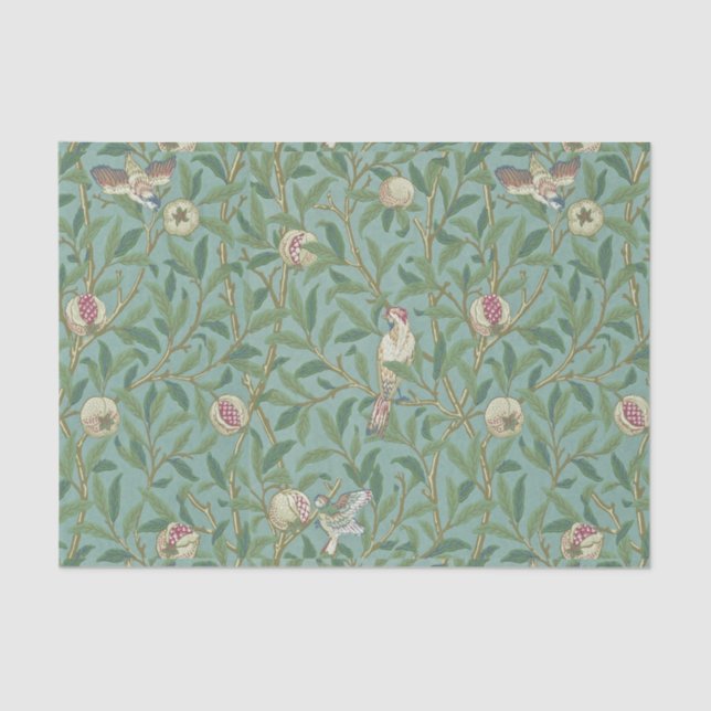 Papier Mousseline William Morris, Oiseaux et Pommegrenates - Vert (Recto)