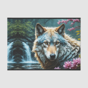 Papier Mousseline Wolf debout dans la rivière avec des fleurs