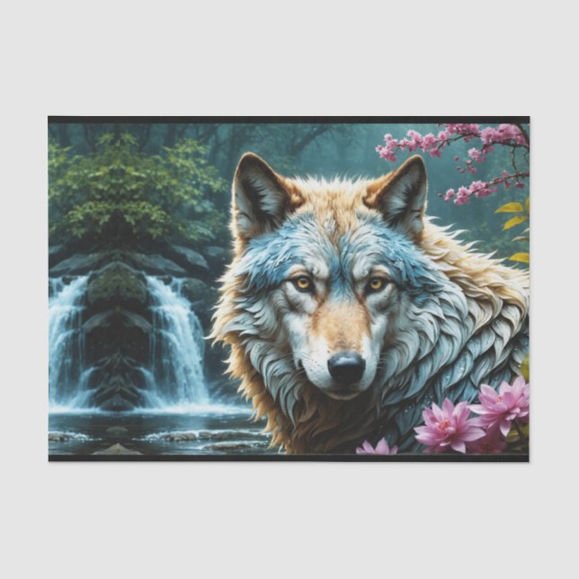 Papier Mousseline Wolf debout dans la rivière avec des fleurs (Recto)