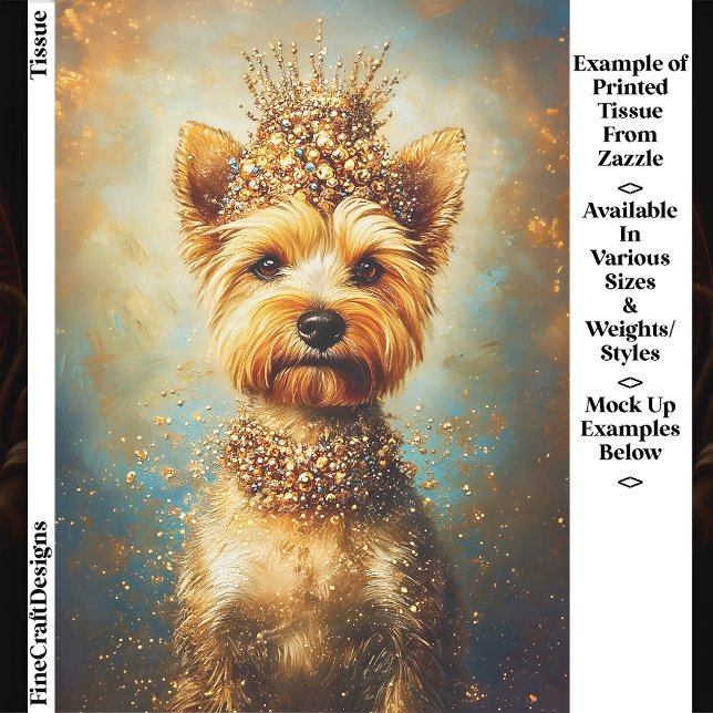 Papier Mousseline Yorkie Dog, Gold Crown & Jewel Collar EA5 Decoupag (Créateur téléchargé)