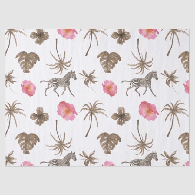 Papier Mousseline Zèbre Brown rose Tropical Floral Palmiers (Recto)