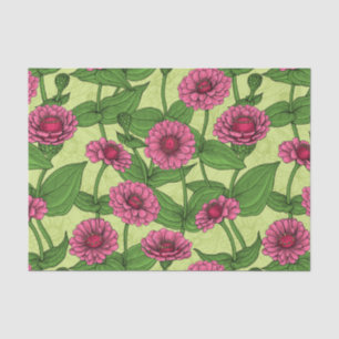 Papier Mousseline Zinnias rose sur vert clair