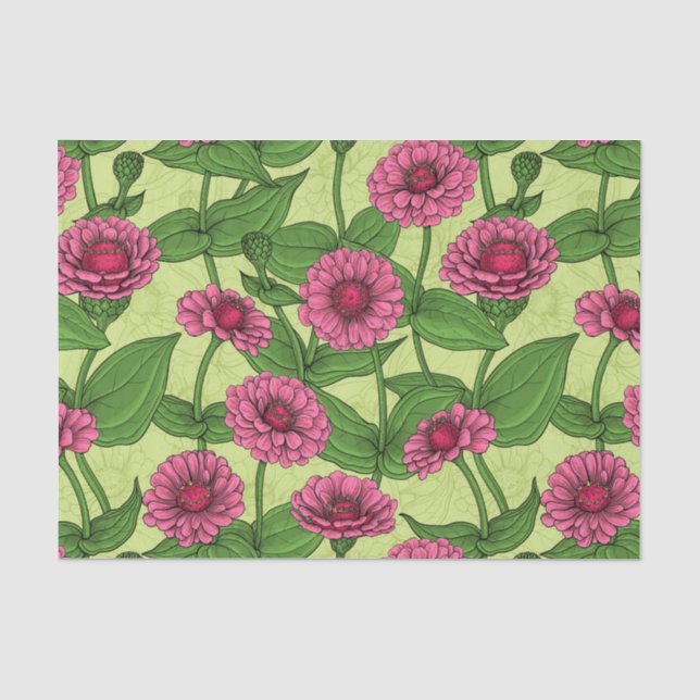 Papier Mousseline Zinnias rose sur vert clair (Recto)