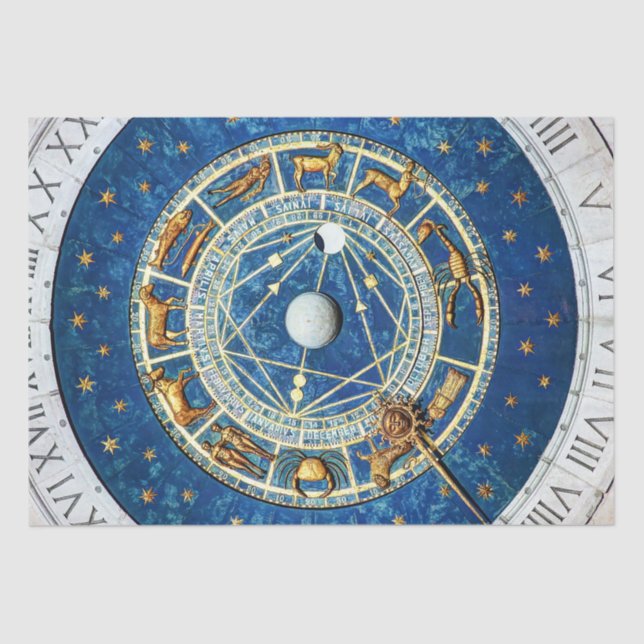 Papier Mousseline Zodiac Roue Bleu Or Signes étoile Cosmique Céleste (Recto)