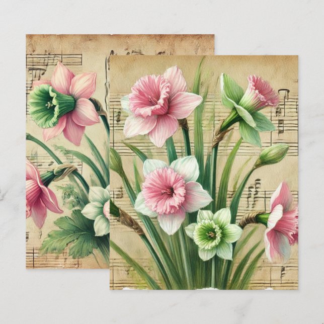 Papier Musique vintage Livre de jonquilles rose et vert (Devant / Derrière)