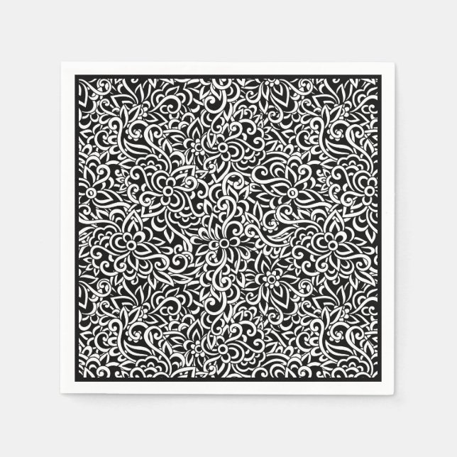 Papier Napkins-Black Damask Floral Serviette (Vorderseite)