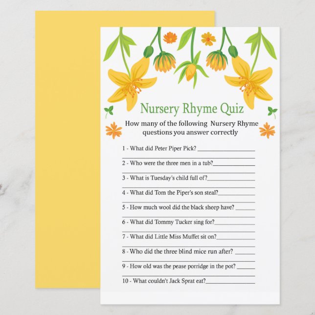 Papier Narcissus Nursery Rhyme Quiz jeu de baby shower (Devant / Derrière)