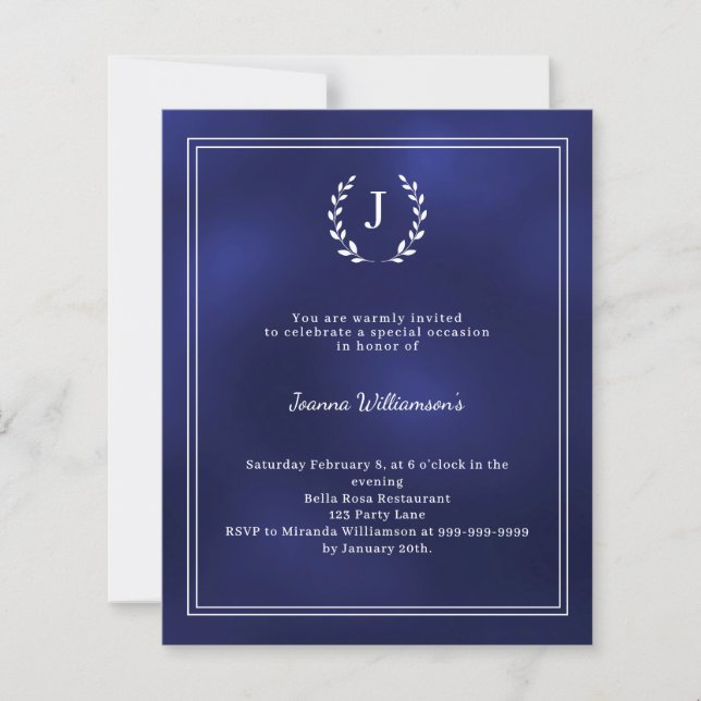 Papier Navy blue monogram wreath age-neutral invitation (Devant)