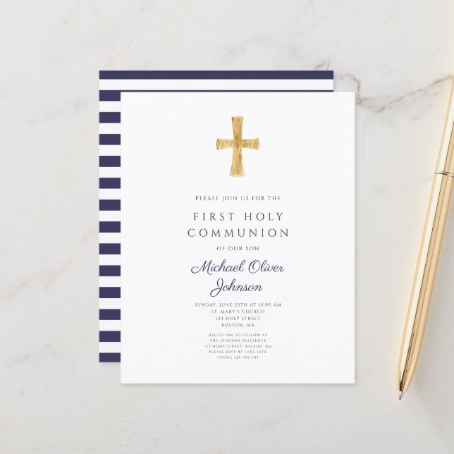 Papier Navy Blue Stripes Boy First Communion Invitation (Devant/Arrière en situation)