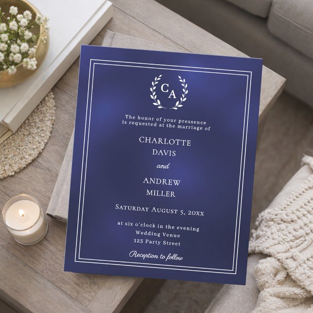 Papier Navy blue wreath monogram wedding invitation (Créateur téléchargé)