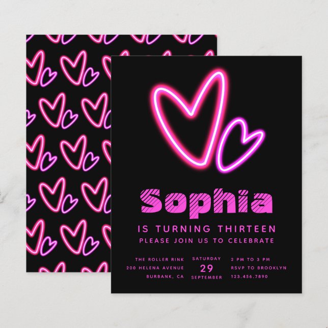 Papier Neon Pink Hearts Budget Anniversaire Fête Invitati (Devant / Derrière)