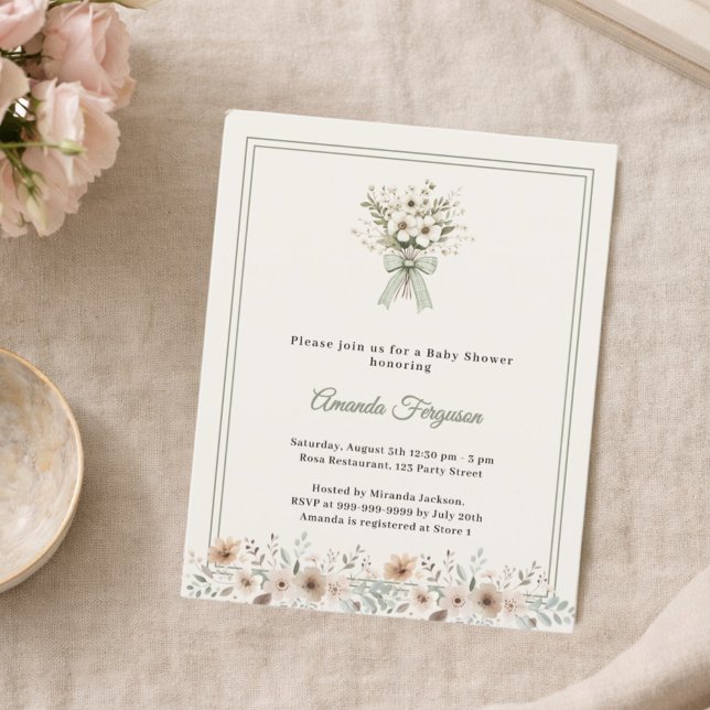 Papier Neutral florals green ivory Baby Shower invitation (Créateur téléchargé)