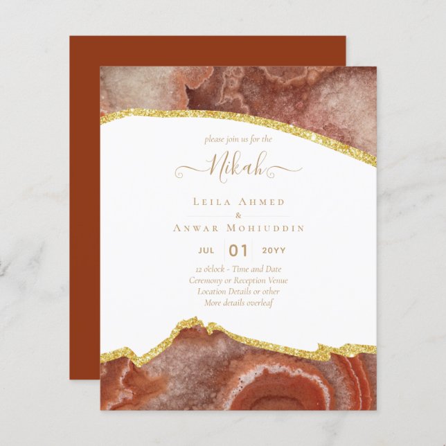 Papier NIKAH - Agate Gold BUDGET Mariages Invitations (Devant / Derrière)