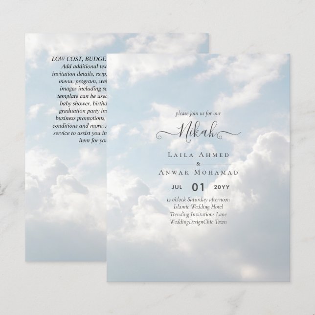 Papier NIKAH - Budget - Invitations de mariage islamique  (Devant / Derrière)