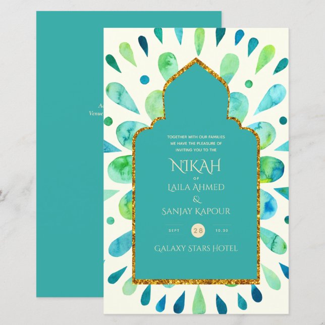 Papier NIKAH - Mariage d'or moderne Mandala Turquoise Inv (Devant / Derrière)