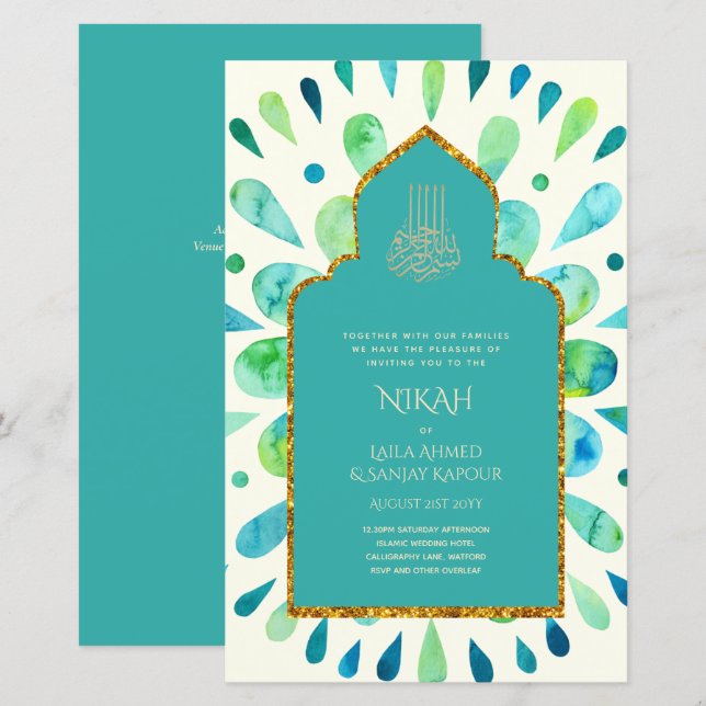 Papier NIKAH - Mariage moderne Mandala Turquoise Gold (Devant / Derrière)