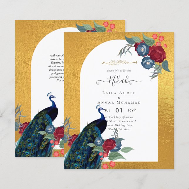 Papier NIKAH Peacock Floral Gold Frame Mariage islamique  (Devant / Derrière)