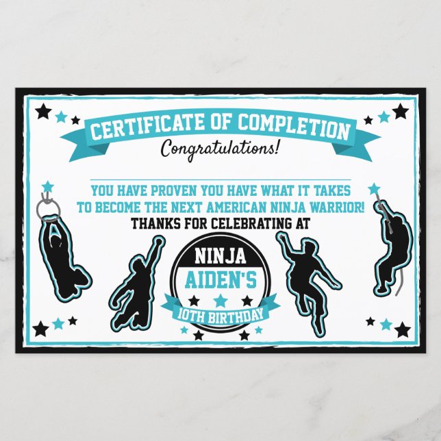 Papier Ninja Warrior Boys Party Certificat d'achèvement (Devant)