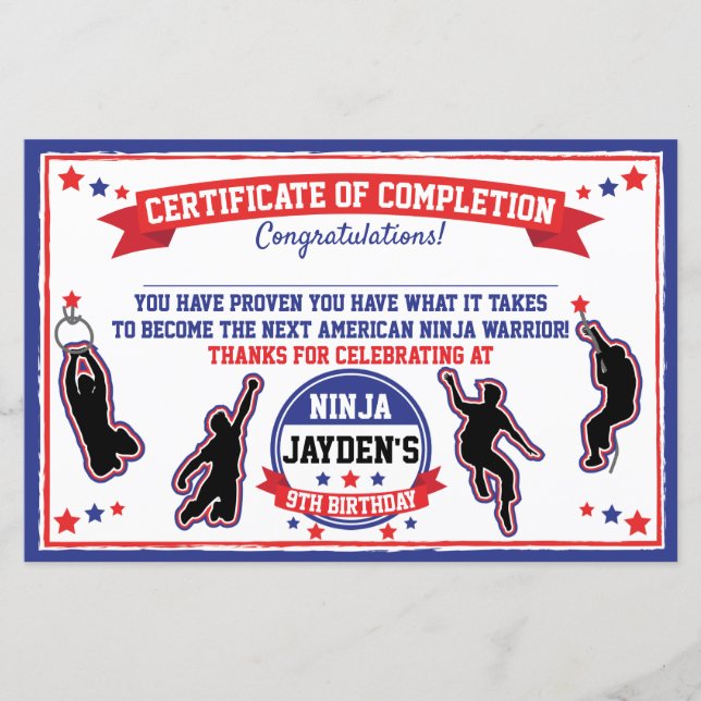 Papier Ninja Warrior Boys Party Certificat d'achèvement (Devant)