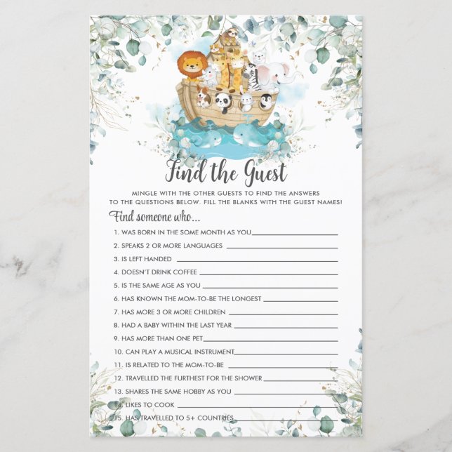 Papier Noah's Ark Greenery Trouvez le jeu de douche invit (Devant)