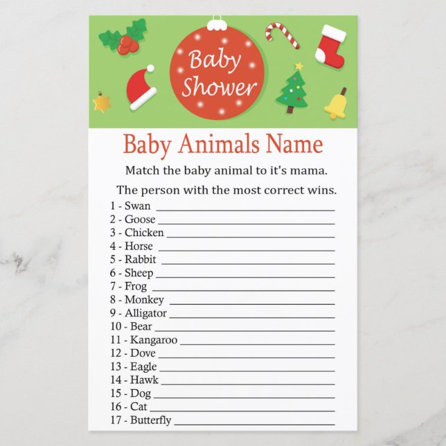 Papier Noël Bébé Animaux Nom baby shower de jeu (Devant)