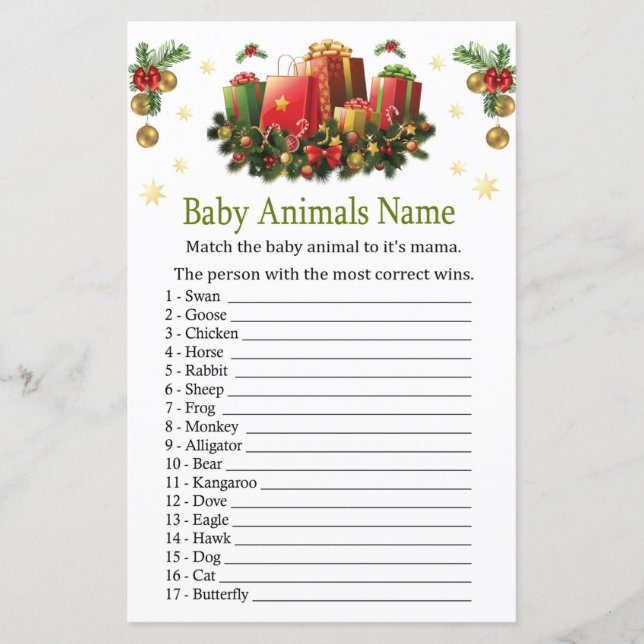 Papier Noël cadeaux Bébé Animaux Nom Jeu (Devant)