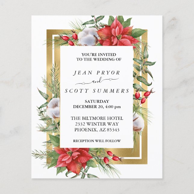 Papier Noël d'hiver Floral Poinsettia Gold Mariage (Devant)