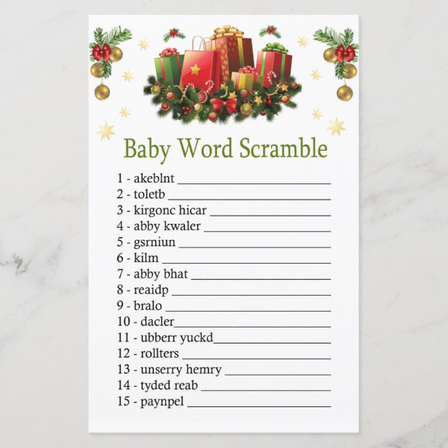 Papier Noël présente Baby word scramble jeu (Devant)
