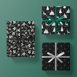 Papier noir à envelopper de Noël Jeu de 3 feuilles