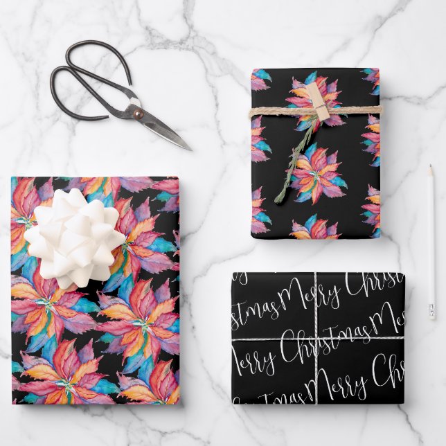 Papier noir à envelopper de Noël Poinsettia (Recto)
