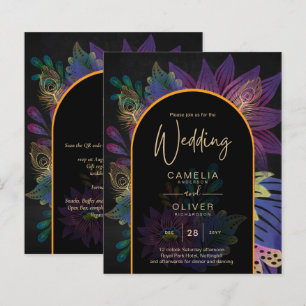 Papier Noir Paon Tons de bijoux Floral mariage