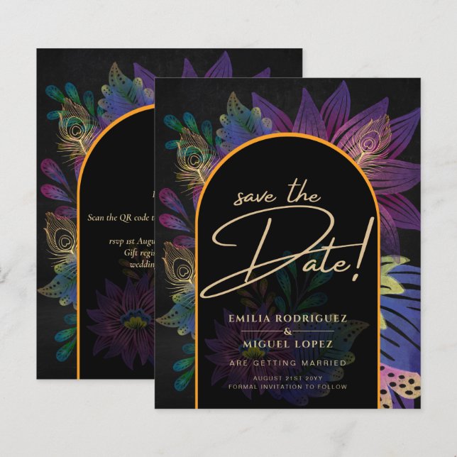 Papier Noir Peacock Jewel Tones Floral Mariage (Devant / Derrière)