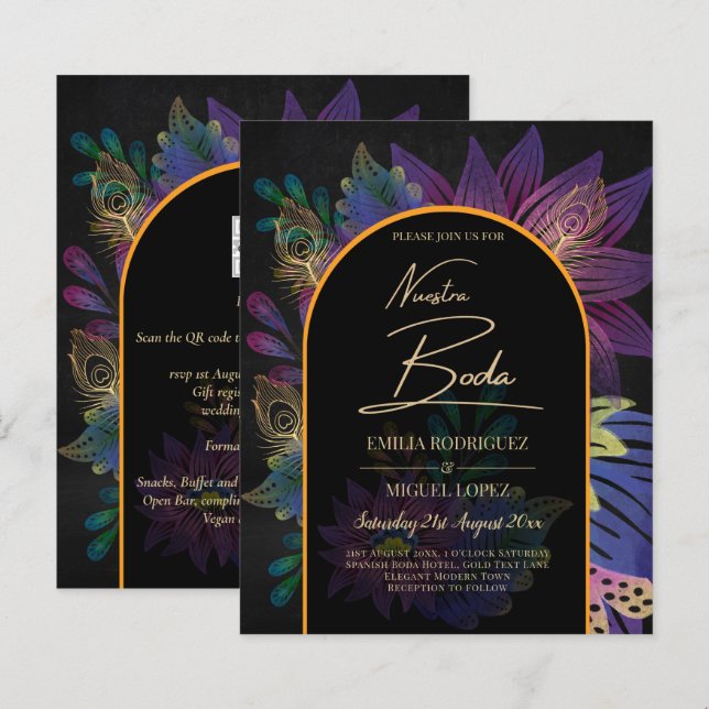 Papier Noir Peacock Jewel Tones Floral Mariage (Devant / Derrière)