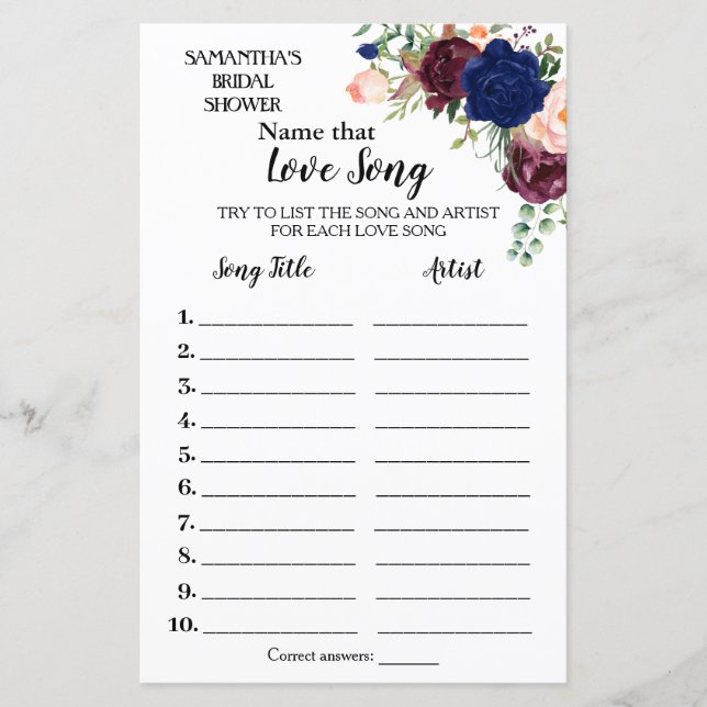 Papier Nom cette chanson nuptiale douche anglais jeu espa (Devant)