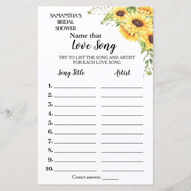 Papier Nom cette chanson nuptiale douche anglais jeu espa (Devant)