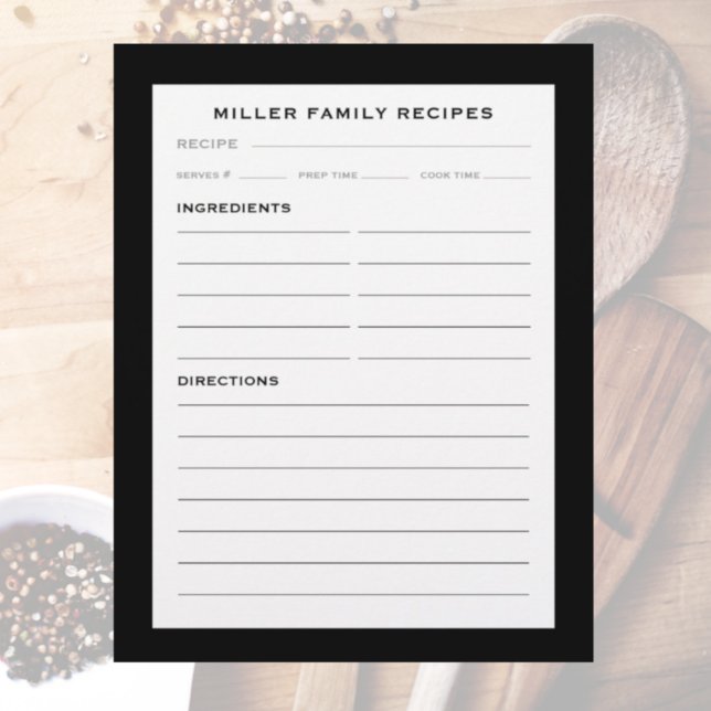 Papier Nom de famille Recette Insertion | Simple noir et  (Créateur téléchargé)