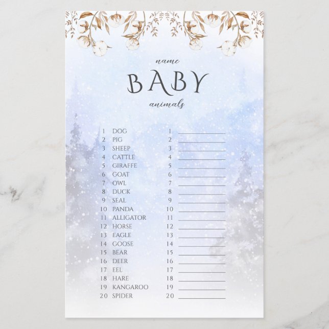 Papier Nom d'hiver Bébé Animaux Baby shower Jeu (Devant)