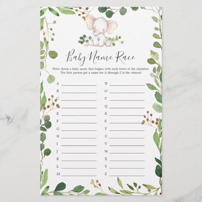 Papier Nom du Baby shower éléphant Jeu de course (Devant)