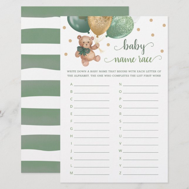 Papier Nom du bébé Race Jeu Baby shower Teddy Bear (Devant / Derrière)