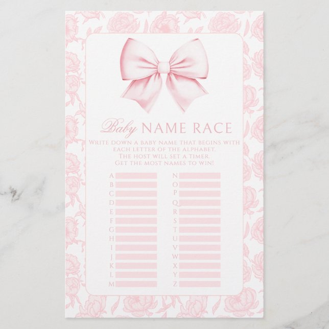 Papier Nom du bébé Race Pink Bow Baby Girl Douche Jeux (Devant)
