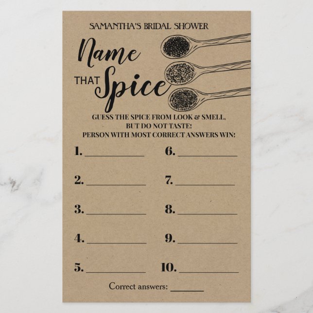 Papier Nom que Spice nuptiale douche jeu anglais espagnol (Devant)
