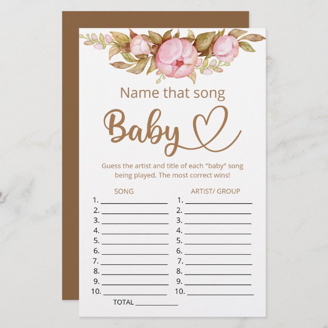 Papier Nommez ce jeu de baby shower de chanson (Devant / Derrière)
