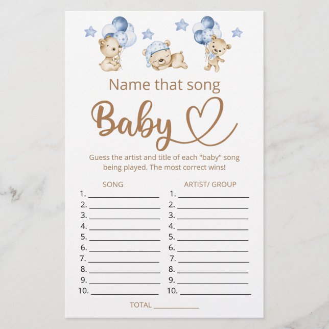 Papier Nommez ce jeu de baby shower de garçon de chanson (Devant)