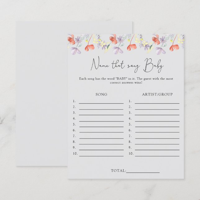 Papier Nommez cette chanson \ jeu de baby showers Fleur s (Devant / Derrière)