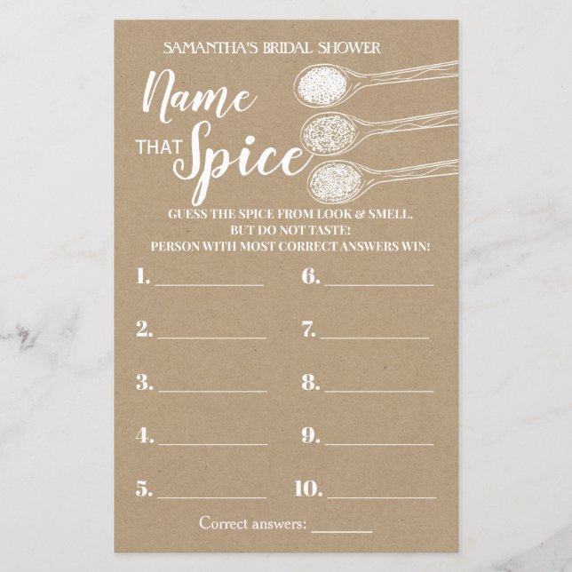 Papier Nommez cette épice jeu de baby shower pour mariage (Devant)